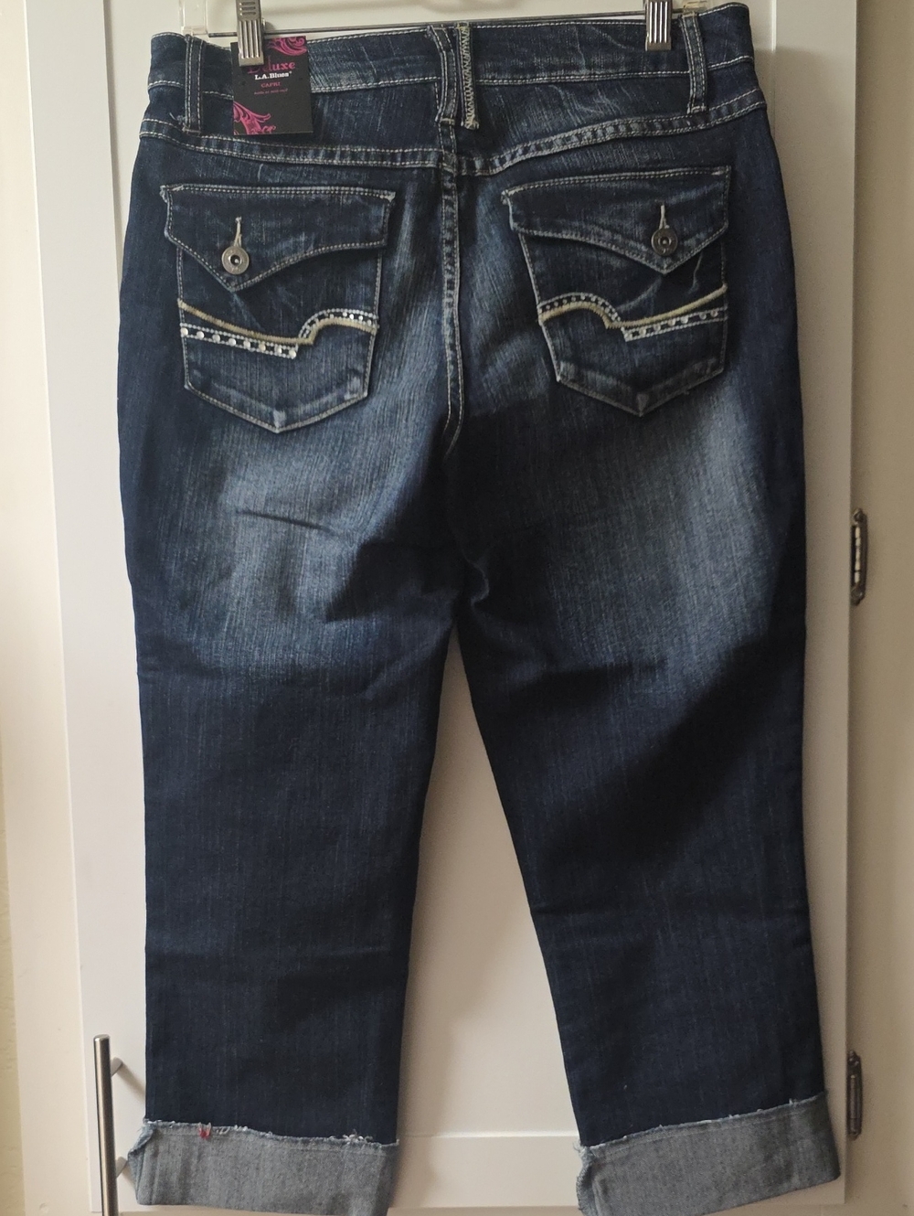 L.A. Blues Dark Blue Cropped Capri Jeans with Embellished Back Pockets Size 10